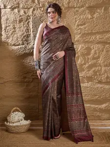 Mitera modal Ajrak Block Silk Blend Block Print SareeWith Blouse Piece