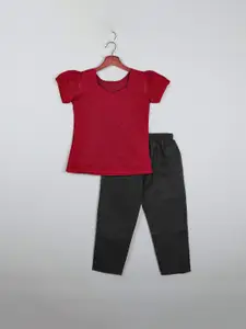 SHAHUDI DESIGNER Girls Self Design Square Neck Puffy Short Sleeves Top With Trousers