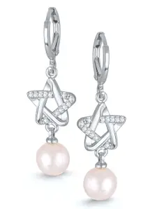 DIVASTRI Rhodium-Plated Cubic Zirconia Studded Contemporary Shaped Hoop Earrings