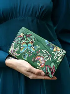 Anuschka Hand Painted Dancing Leaves Leather Accordion Flap Wallet