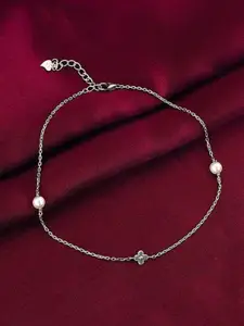 GIVA 925 Silver Rhodium-Plated Pearls Beaded Flower Anklets