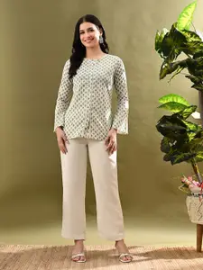 Sangria Printed Cotton Round Neck Top With Lace-Detail