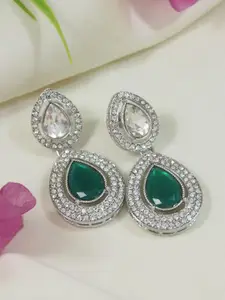 I Jewels Silver-Plated Artificial Stones Studded Teardrop Shaped Drop Earrings