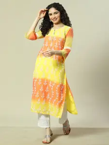 Rangriti Floral Embroidered Notch Neck Thread Work Straight Kurta