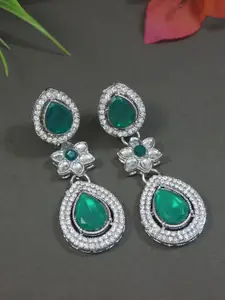 I Jewels Silver-Plated Artificial Stones Studded Teardrop Shaped Drop Earrings