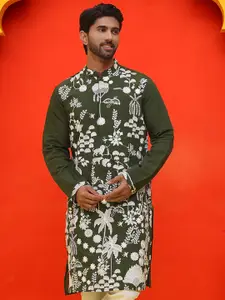 Jompers Floral Embroidered Mandarin Collar Chikankari Silk Cotton Straight Kurta