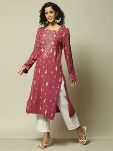 Rangriti Floral Printed Boat Neck Straight Kurta