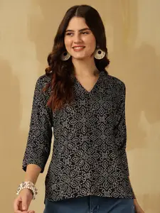 Anouk Rustic Floral Print Mandarin Collar Top