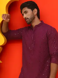 Jompers Geometric Embroidered Mandarin Collar Sequinned Pure Cotton Straight Kurta