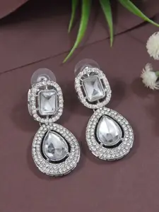 I Jewels Silver-Plated Artificial Stones Studded Teardrop Shaped Drop Earrings