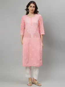 Seva Chikan Floral Embroidered Notch Neck Lucknowi Chikankari Straight Kurta