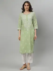 Seva Chikan Floral Embroidered Notch Neck Lucknowi Chikankari Straight Kurta