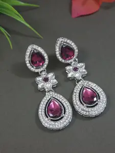 I Jewels Silver-Plated Artificial Stones Studded Teardrop Shaped Drop Earrings