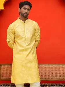 Jompers Floral Embroidered Mandarin Collar Sequinned Silk Cotton Straight Kurta