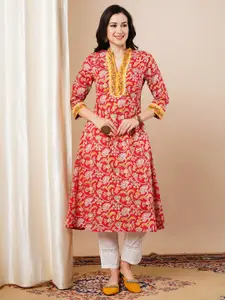 FASHOR Floral Printed Mandarin Collar Pure Cotton A-Line Kurta