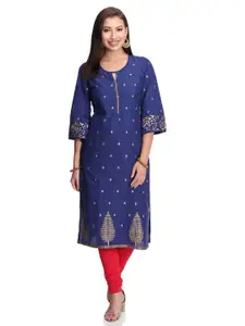 Rangriti Ethnic Motifs Printed Round Neck Organic Cotton Straight Kurta