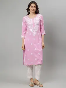 Seva Chikan Floral Embroidered Notch Neck Lucknowi Chikankari Straight Kurta