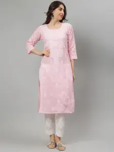 Seva Chikan Floral Embroidered Notch Neck Lucknowi Chikankari Straight Kurta