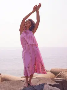 Global Desi Floral Printed Halter Neck Top With Skirt Co-Ords