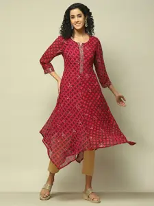 Rangriti Geometric Printed Sequinned Notch Neck A-Line Kurta