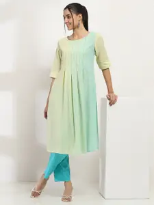 Rangriti Striped Thread Work Round Neck Pleated Straight Kurta
