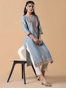SHOWOFF Ethnic Motifs Embroidered Zari Cotton Silk Straight Kurta