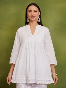 HOUSE OF KARI Floral Embroidered Mandarin Collar Cotton Chikankari A-Line Short Kurta