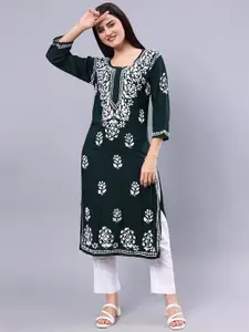 Seva Chikan Floral Embroidered Notch Neck Lucknowi Chikankari Straight Kurta