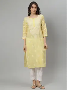 Seva Chikan Floral Embroidered Notch Neck Lucknowi Chikankari Straight Kurta