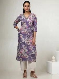 Soch Floral Yoke Design Thread Work V-Neck Mirror Work Straight Kurta