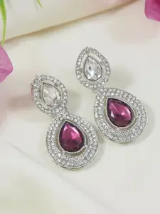I Jewels Silver-Plated Artificial Stones Studded Teardrop Shaped Drop Earrings