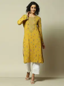 Rangriti Floral Printed Round Neck Straight Kurta
