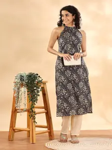 Anouk Floral Printed Halter Neck Cotton Straight Kurta