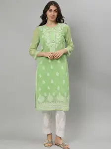 Seva Chikan Floral Embroidered Notch Neck Georgette Lucknowi Chikankari Straight Kurta