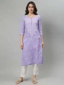 Seva Chikan Floral Embroidered Notch Neck Lucknowi Chikankari Straight Kurta