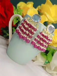 DIVASTRI Gold-Plated Stones Studded And Beaded Oval Shape Drop Earrings