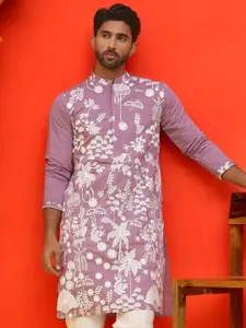 Jompers Floral Embroidered Mandarin Collar Chikankari Silk Cotton Straight Kurta