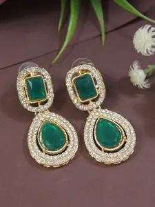 I Jewels Gold-Plated Artificial Stones Studded Teardrop Shaped Drop Earrings