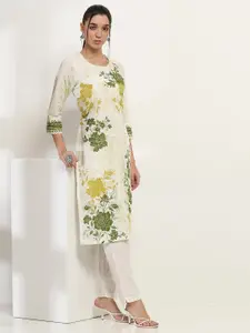 Rangriti  Floral Printed Round-Neck Cotton Straight Kurta
