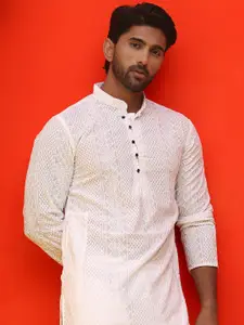 Jompers Geometric Embroidered Mandarin Collar Chikankari Pure Cotton Straight Kurta