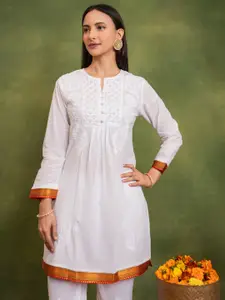 HOUSE OF KARI Floral Embroidered Notch Neck Cotton Chikankari A-Line Short Kurta