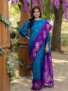 DEVATITHI Women's Floral Printed Zari Woven denim Silk Saree