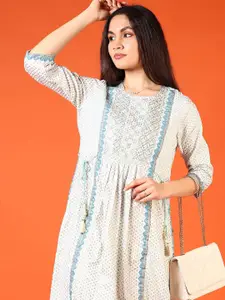 V-Mart Floral Printed Thread Work Round Neck A-Line Kurta