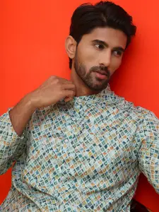 Jompers Geometric Printed Band Collar Long Sleeves Thread Work Straight Kurta