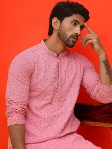 Jompers Geometric Embroidered Mandarin Collar Sequinned Pure Cotton Straight Kurta