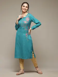 Rangriti Floral Printed Notch Neck Straight Kurta