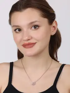 KIORAH 925 Sterling Silver Rose Gold-Plated CZ Studded Contemporary Pendant With Chain