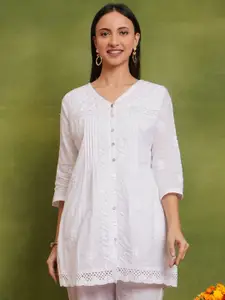 HOUSE OF KARI Floral Embroidered Cotton Chikankari Short Kurta