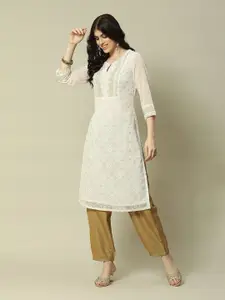 Rangriti Geometric Embroidered Sequinned Keyhole Neck Georgette Straight Kurta