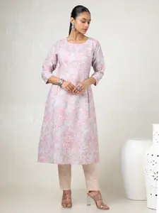 Soch Floral Printed Round Neck Linen A-Line Kurta
